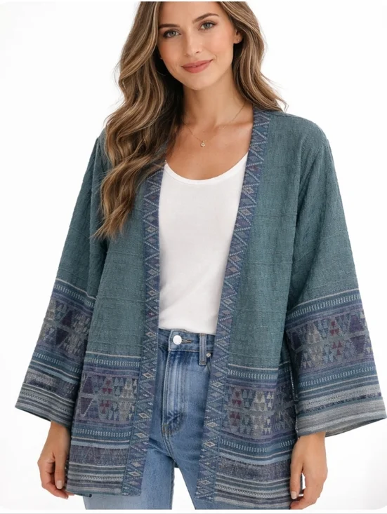Peruvian Connection Boho Teal Kimono Cardigan with Aztec Pattern Size L - Picture 1 of 15